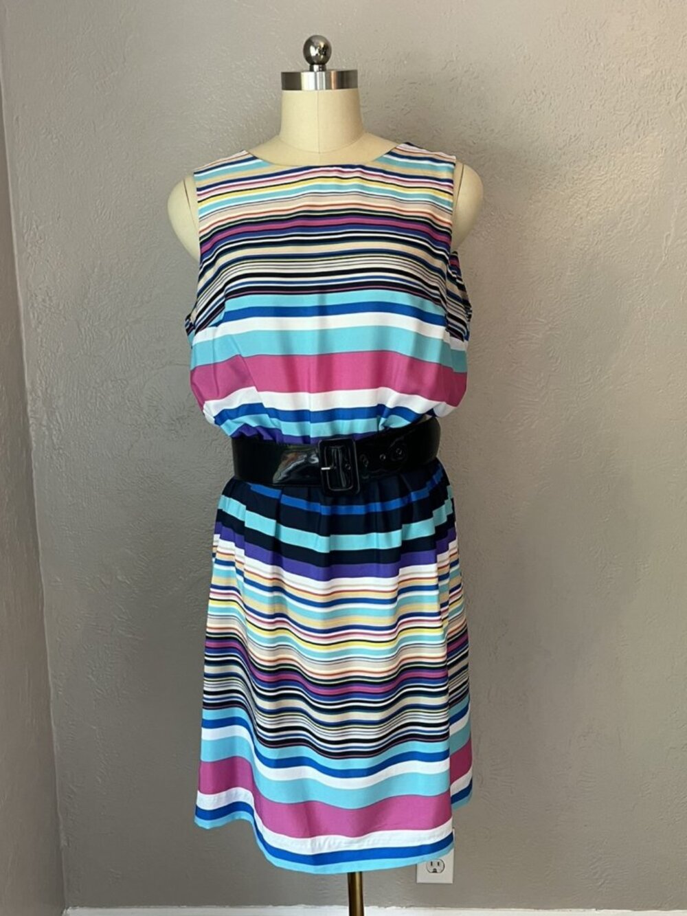 Multicolor Striped Sleeveless Midi Dress w/ Patent Belt - NWT